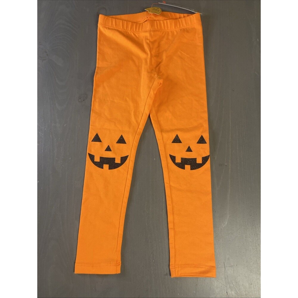 Cat & Jack Girls Orange Pumpkin Jack-O-Lantern Leggings, Halloween Xs 4/5
